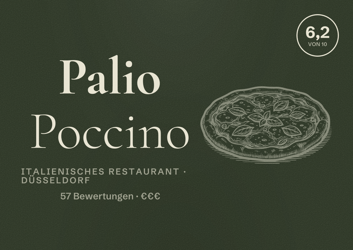Illustriertes Poster von Palio Poccino, Italienisches Restaurant in Düsseldorf: Bewertung 6,2 von 10 aus 57 Bewertungen, Preisniveau €€€