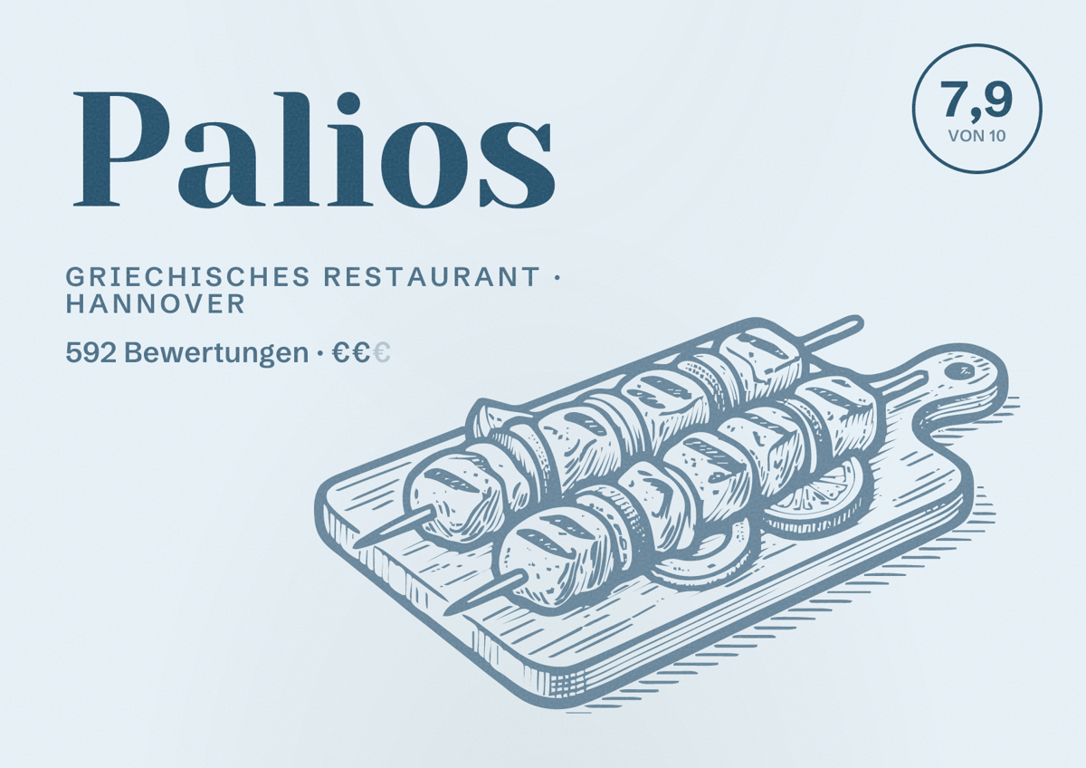Illustriertes Poster von Palios, Griechisches Restaurant in Hannover: Bewertung 7,9 von 10 aus 592 Bewertungen, Preisniveau €€