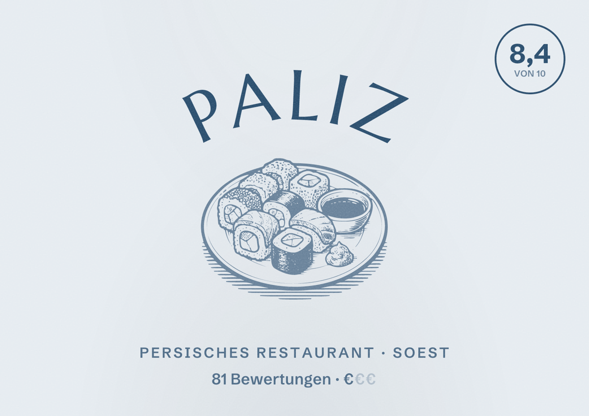 Illustriertes Poster von Paliz, Persisches Restaurant in Soest: Bewertung 8,4 von 10 aus 81 Bewertungen, Preisniveau €