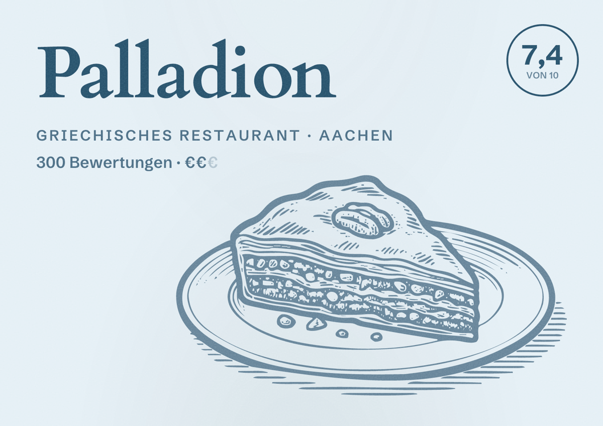 Illustriertes Poster von Palladion, Griechisches Restaurant in Aachen: Bewertung 7,4 von 10 aus 300 Bewertungen, Preisniveau €€