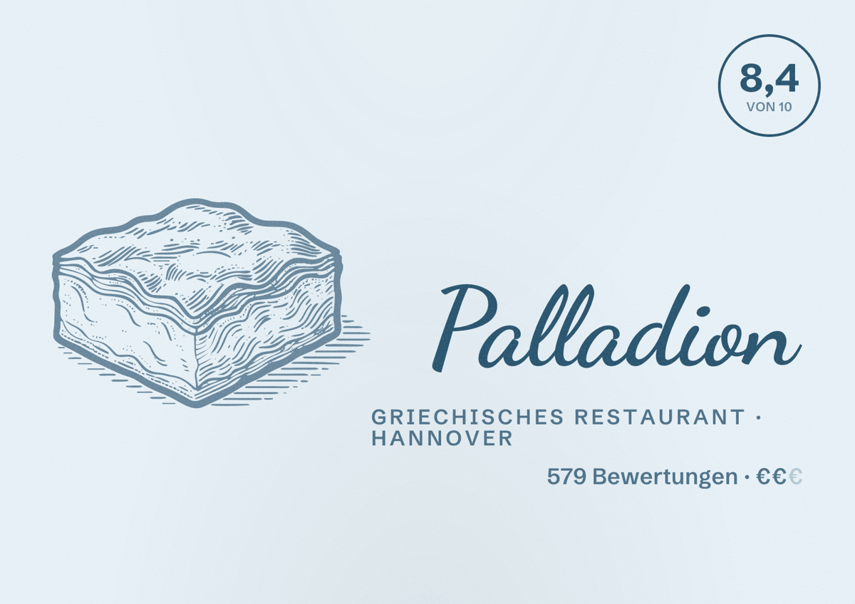 Illustriertes Poster von Palladion, Griechisches Restaurant in Hannover: Bewertung 8,4 von 10 aus 579 Bewertungen, Preisniveau €€