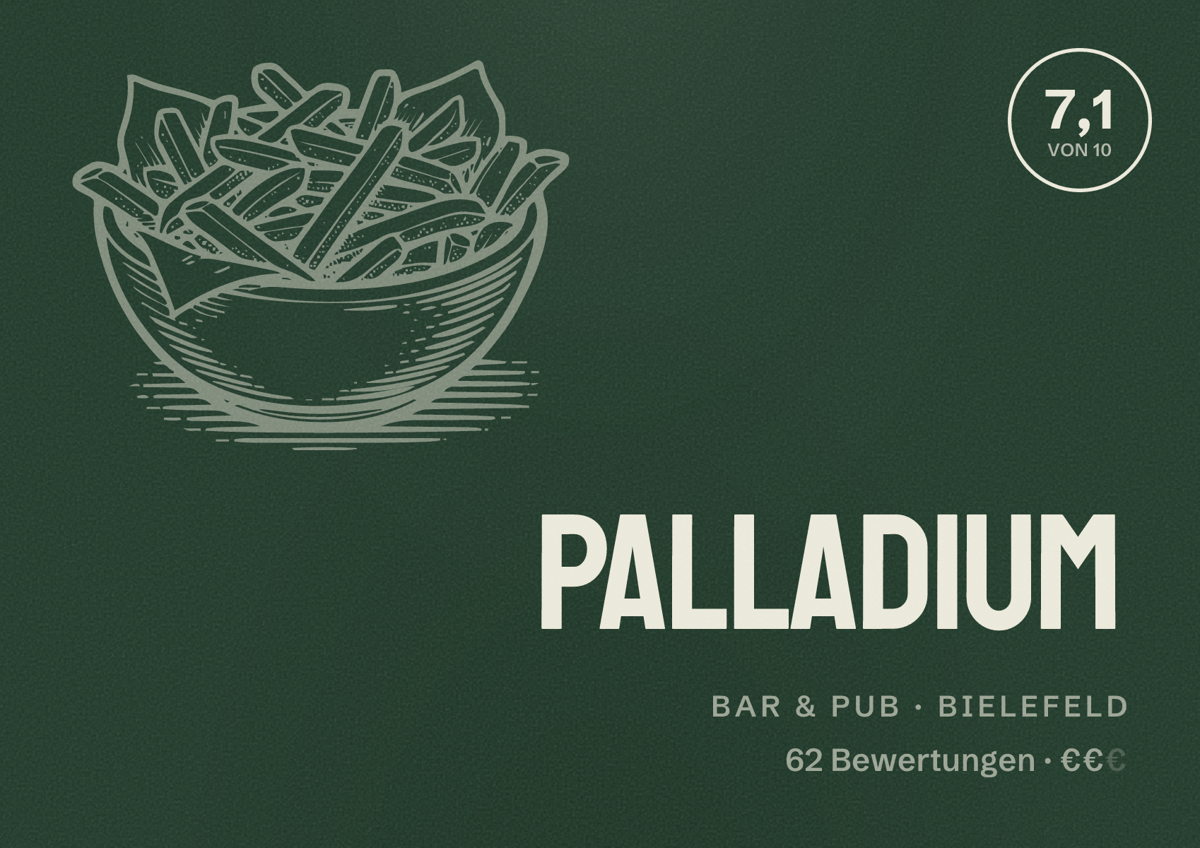 Illustriertes Poster von Palladium, Bar & Pub in Bielefeld: Bewertung 7,1 von 10 aus 62 Bewertungen, Preisniveau €€