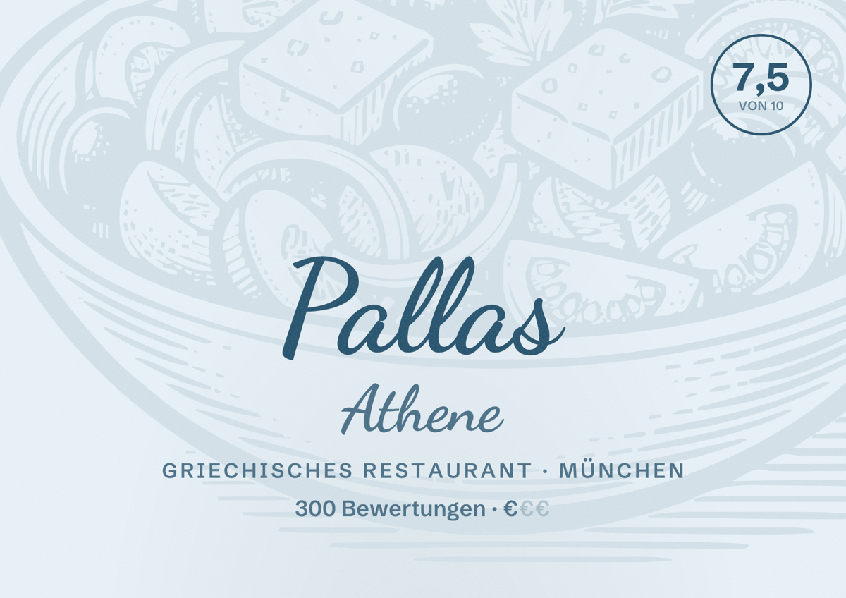Illustriertes Poster von Pallas Athene, Griechisches Restaurant in München: Bewertung 7,5 von 10 aus 300 Bewertungen, Preisniveau €