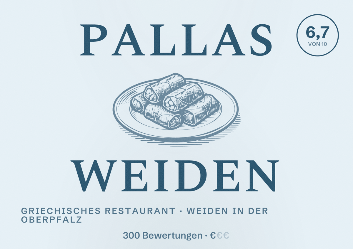 Illustriertes Poster von Pallas Weiden, Griechisches Restaurant in Weiden in der Oberpfalz: Bewertung 6,7 von 10 aus 300 Bewertungen, Preisniveau €