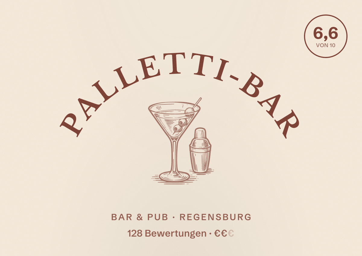Illustriertes Poster von Palletti-Bar, Bar & Pub in Regensburg: Bewertung 6,6 von 10 aus 128 Bewertungen, Preisniveau €€