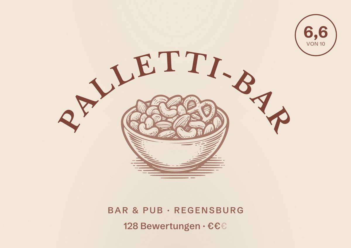 Illustriertes Poster von Palletti-Bar, Bar & Pub in Regensburg: Bewertung 6,6 von 10 aus 128 Bewertungen, Preisniveau €€