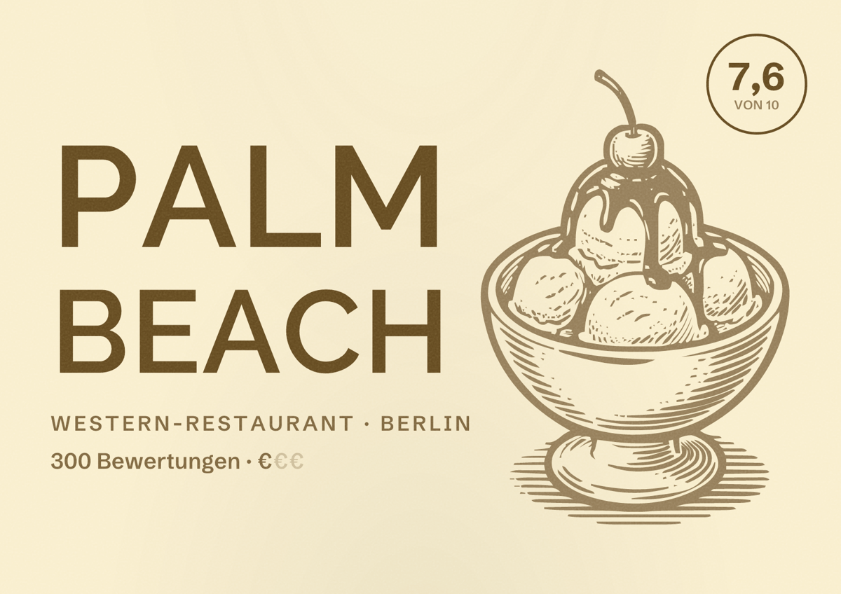Illustriertes Poster von Palm Beach, Western-Restaurant in Berlin: Bewertung 7,6 von 10 aus 300 Bewertungen, Preisniveau €