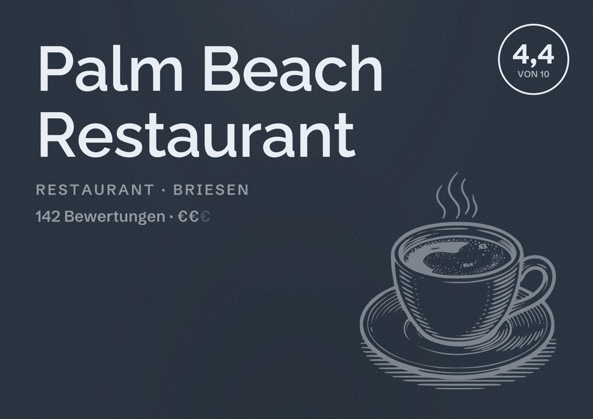 Illustriertes Poster von Palm Beach Restaurant, Restaurant in Briesen: Bewertung 4,4 von 10 aus 142 Bewertungen, Preisniveau €€