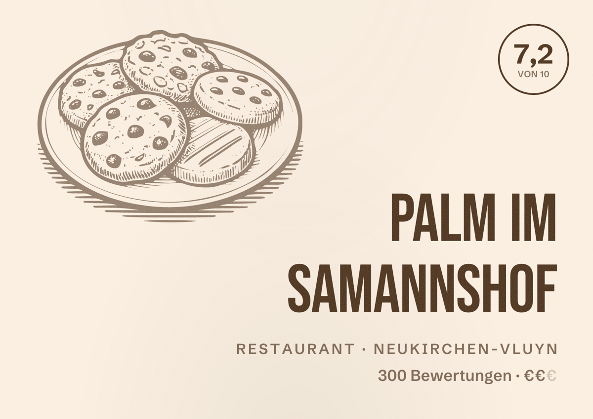 Illustriertes Poster von Palm im Samannshof, Restaurant in Neukirchen-Vluyn: Bewertung 7,2 von 10 aus 300 Bewertungen, Preisniveau €€
