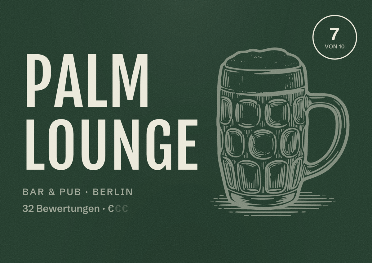 Illustriertes Poster von Palm Lounge, Bar & Pub in Berlin: Bewertung 7,0 von 10 aus 32 Bewertungen, Preisniveau €