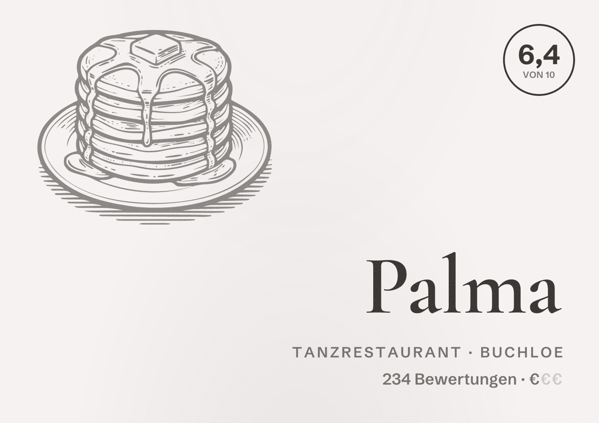 Illustriertes Poster von Palma, Tanzrestaurant in Buchloe: Bewertung 6,4 von 10 aus 234 Bewertungen, Preisniveau €