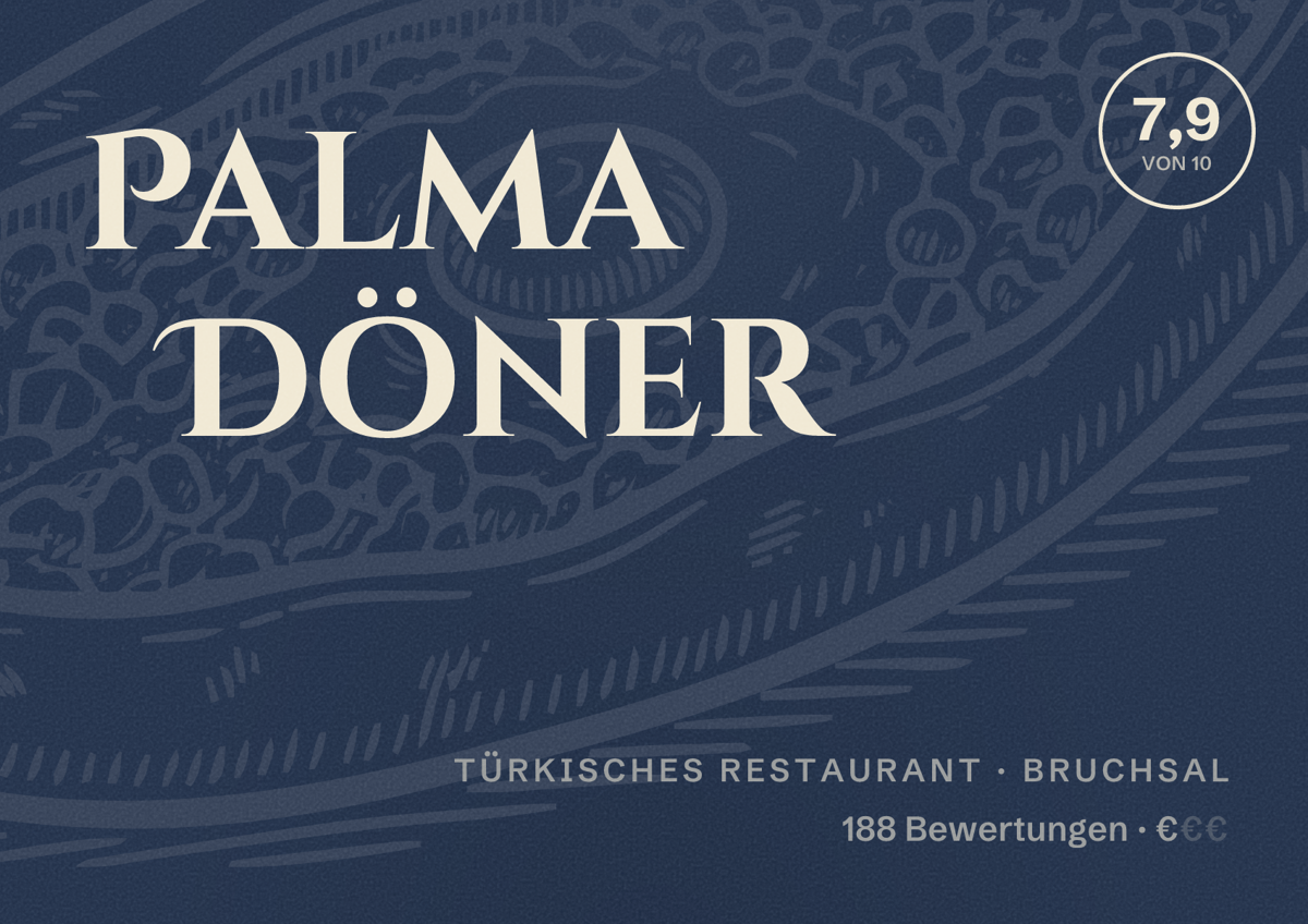 Illustriertes Poster von Palma Döner, Türkisches Restaurant in Bruchsal: Bewertung 7,9 von 10 aus 188 Bewertungen, Preisniveau €