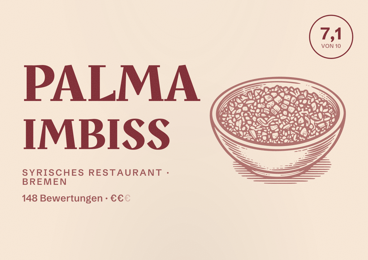 Illustriertes Poster von Palma Imbiss, Syrisches Restaurant in Bremen: Bewertung 7,1 von 10 aus 148 Bewertungen, Preisniveau €€