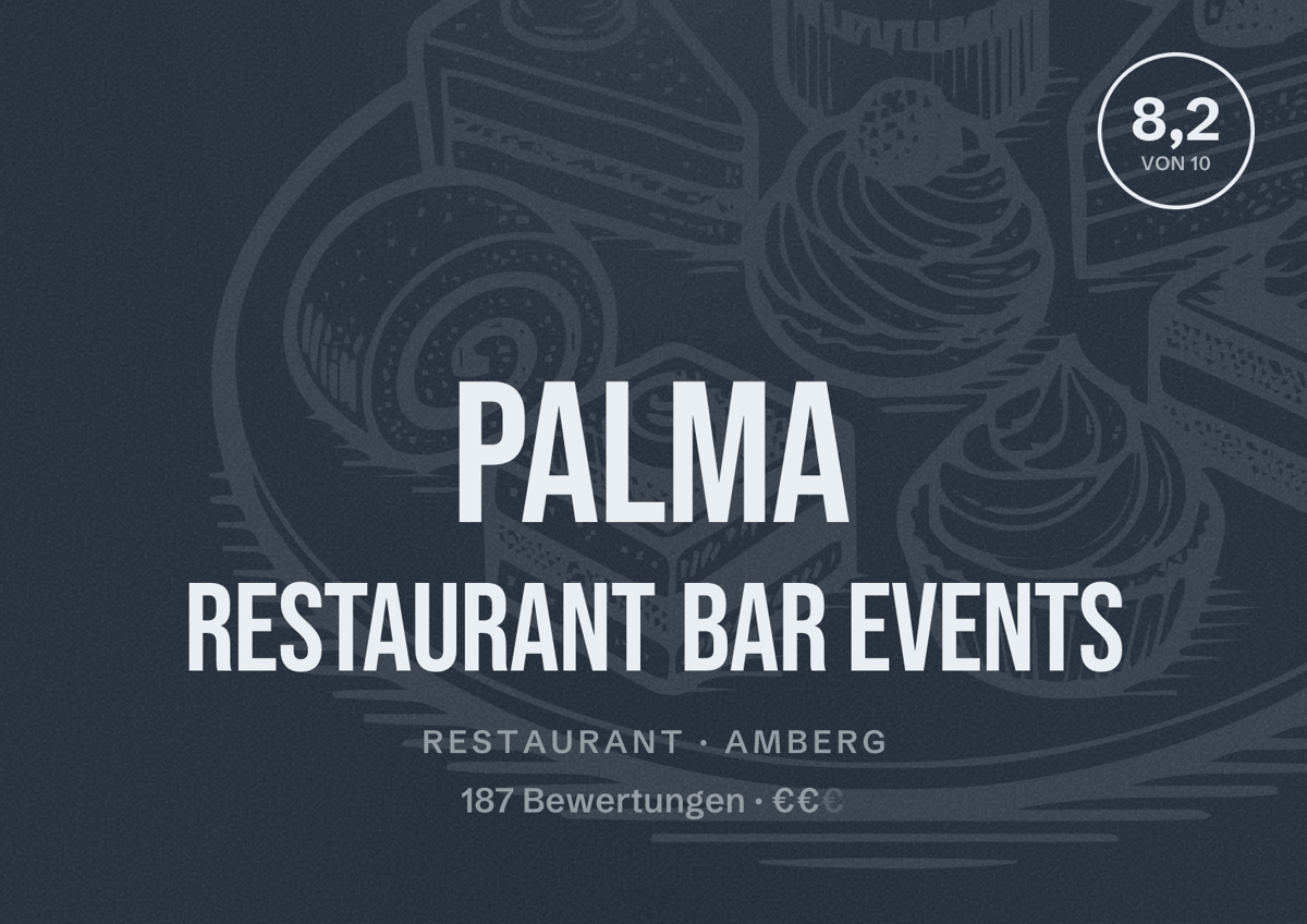 Illustriertes Poster von Palma Restaurant Bar Events, Restaurant in Amberg: Bewertung 8,2 von 10 aus 187 Bewertungen, Preisniveau €€
