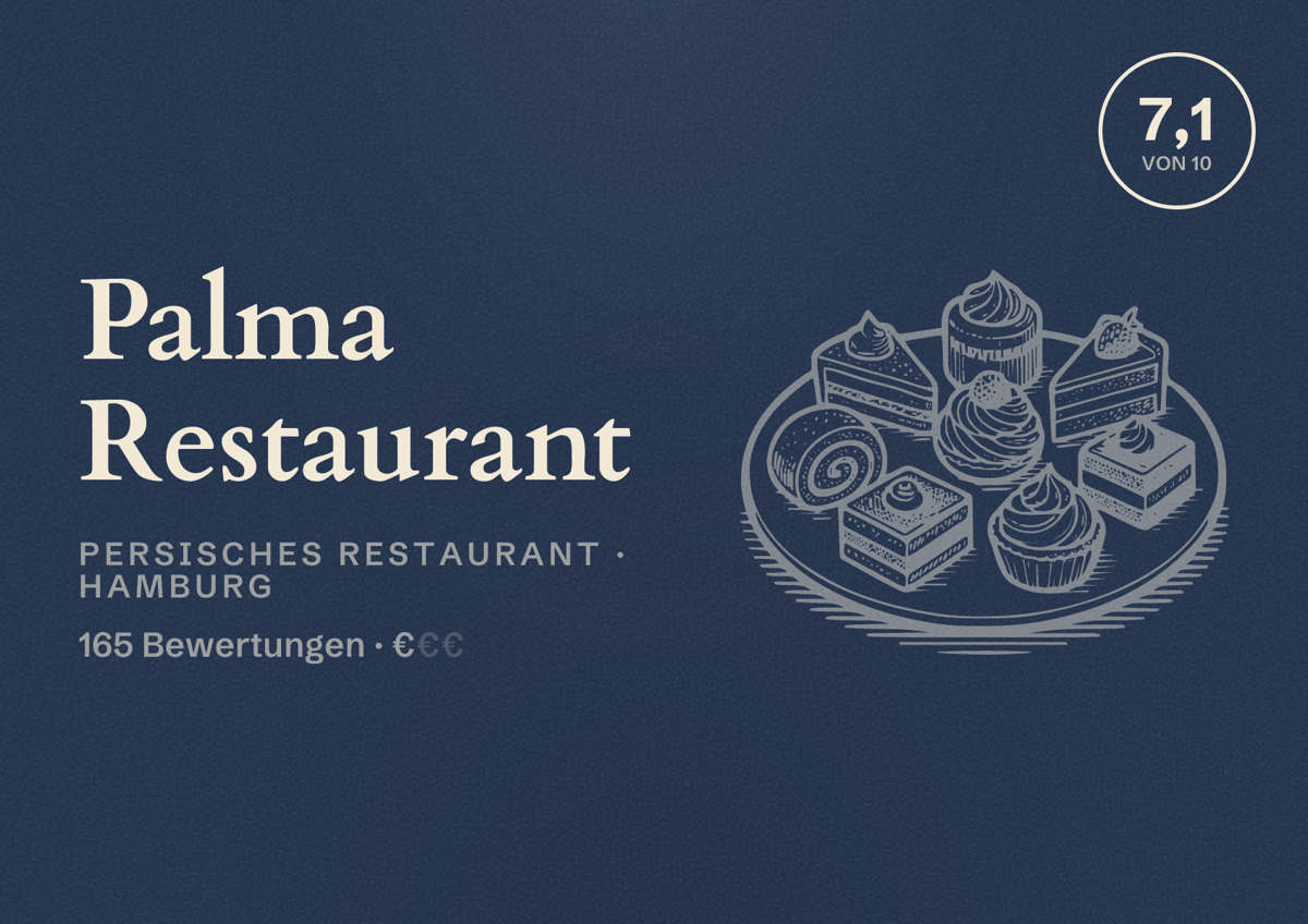 Illustriertes Poster von Palma Restaurant, Persisches Restaurant in Hamburg: Bewertung 7,1 von 10 aus 165 Bewertungen, Preisniveau €