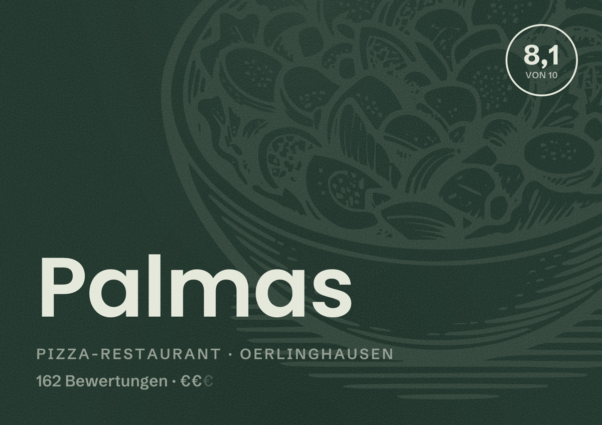 Illustriertes Poster von Palmas, Pizza-Restaurant in Oerlinghausen: Bewertung 8,1 von 10 aus 162 Bewertungen, Preisniveau €€