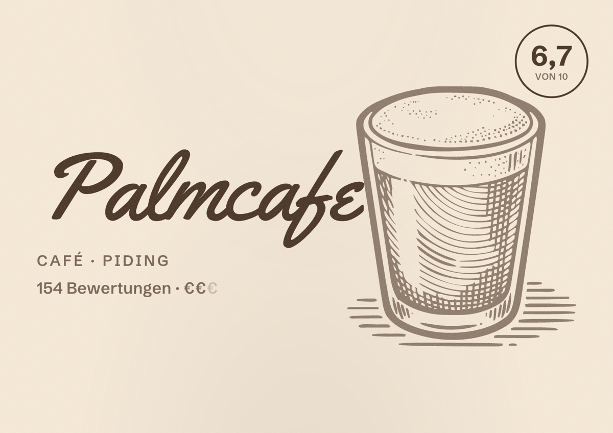 Illustriertes Poster von Palmcafe, Café in Piding: Bewertung 6,7 von 10 aus 154 Bewertungen, Preisniveau €€