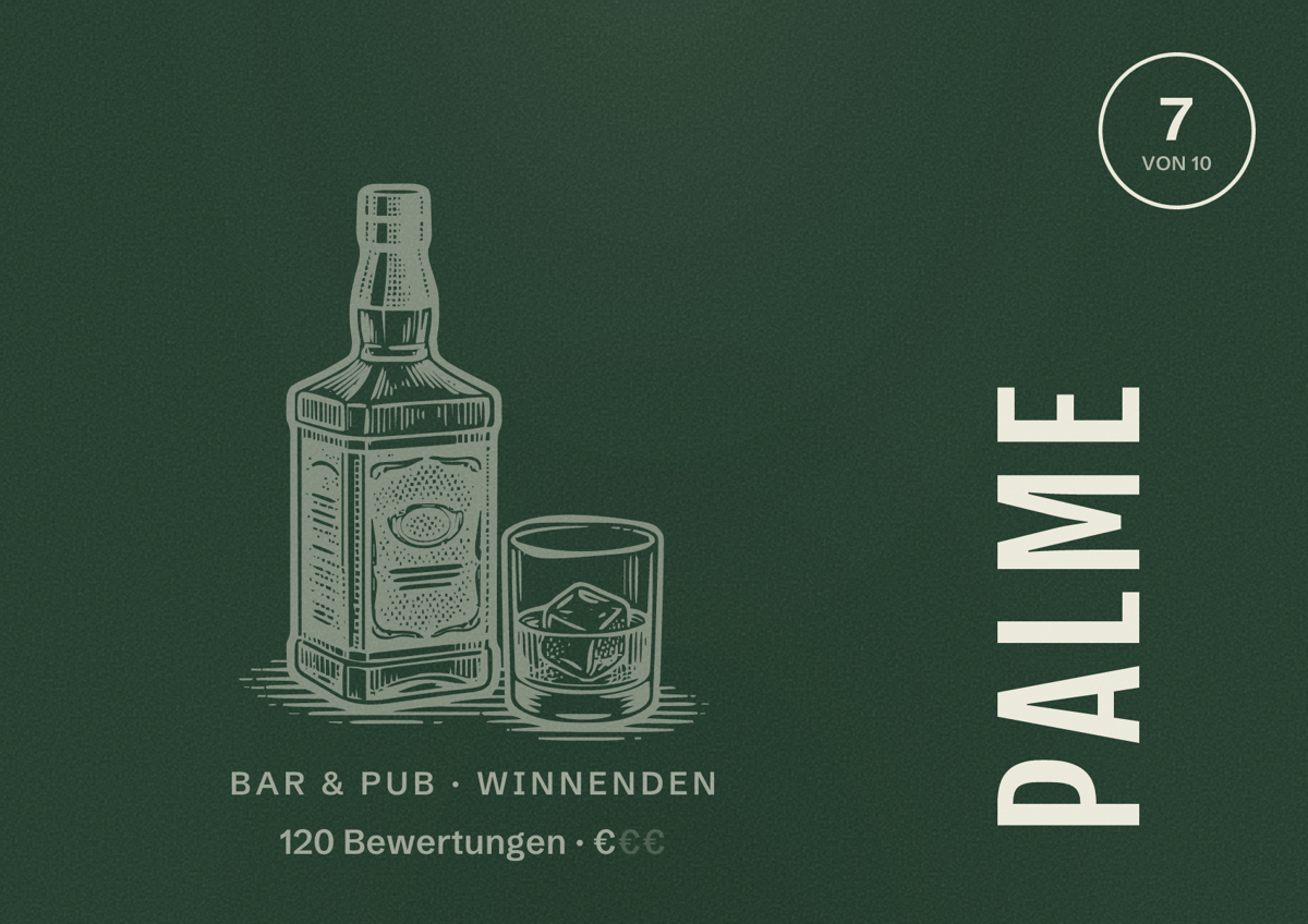 Illustriertes Poster von Palme, Bar & Pub in Winnenden: Bewertung 7 von 10 aus 120 Bewertungen, Preisniveau €