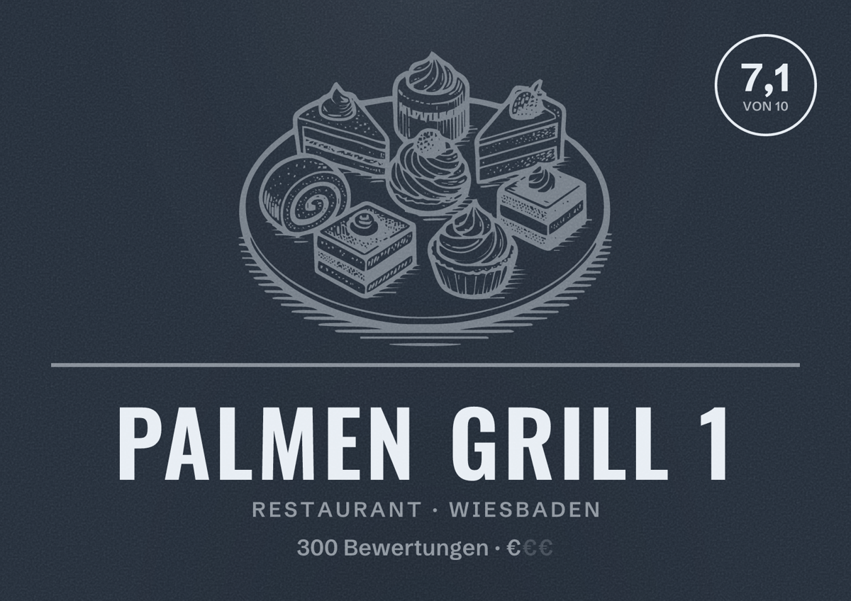 Illustriertes Poster von Palmen Grill 1, Restaurant in Wiesbaden: Bewertung 7,1 von 10 aus 300 Bewertungen, Preisniveau €