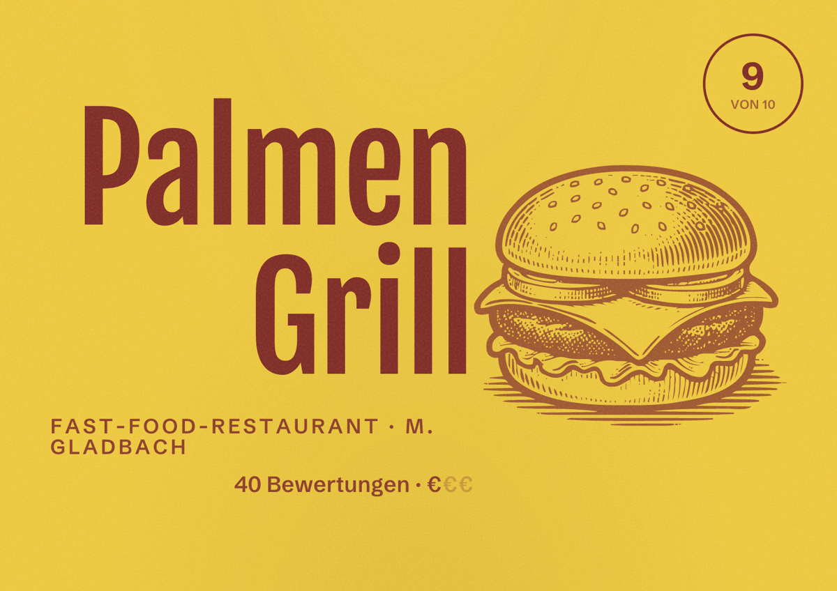 Illustriertes Poster von Palmen Grill, Fast-Food-Restaurant in M. Gladbach: Bewertung 9 von 10 aus 40 Bewertungen, Preisniveau €