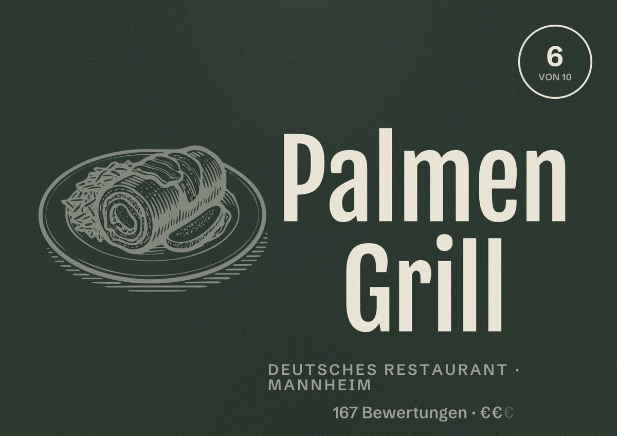 Illustriertes Poster von Palmen Grill, Deutsches Restaurant in Mannheim: Bewertung 6 von 10 aus 167 Bewertungen, Preisniveau €€