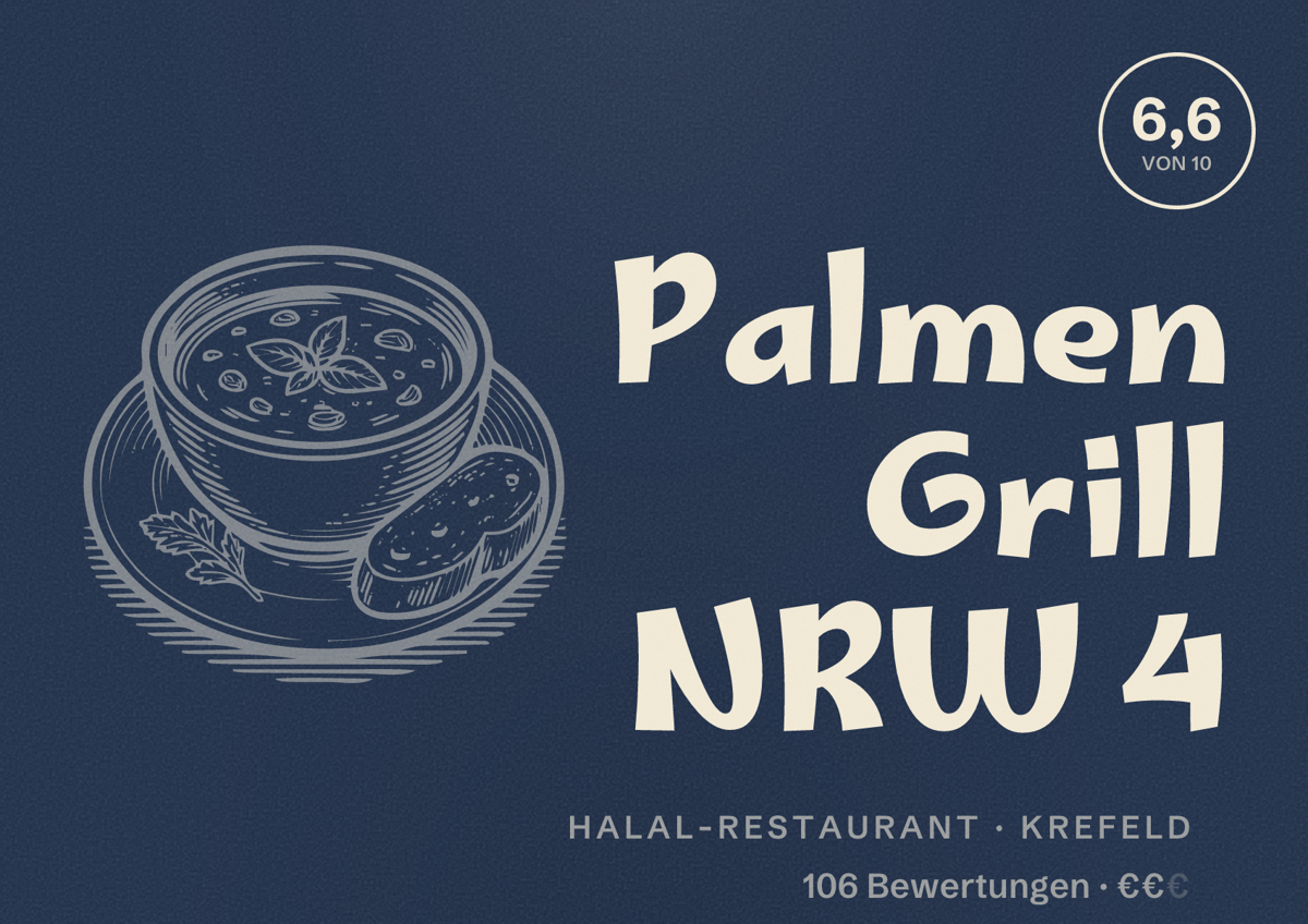 Illustriertes Poster von Palmen Grill NRW 4, Halal-Restaurant in Krefeld: Bewertung 6,6 von 10 aus 106 Bewertungen, Preisniveau €€