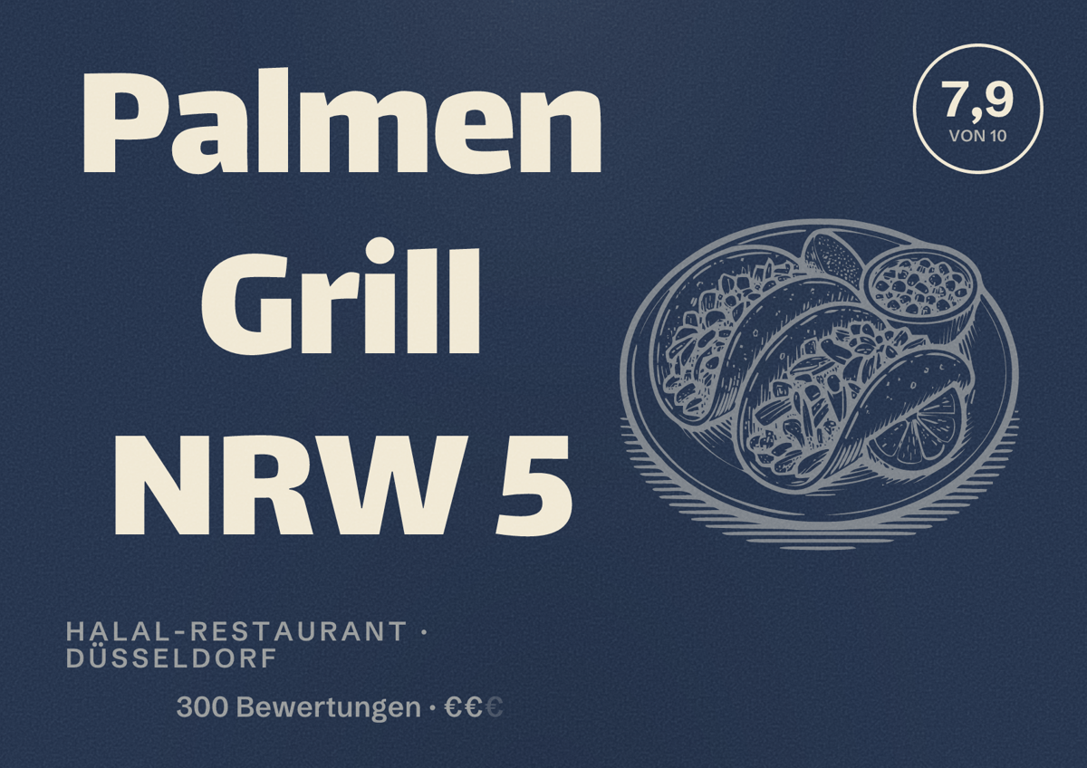 Illustriertes Poster von Palmen Grill NRW 5, Halal-Restaurant in Düsseldorf: Bewertung 7,9 von 10 aus 300 Bewertungen, Preisniveau €€