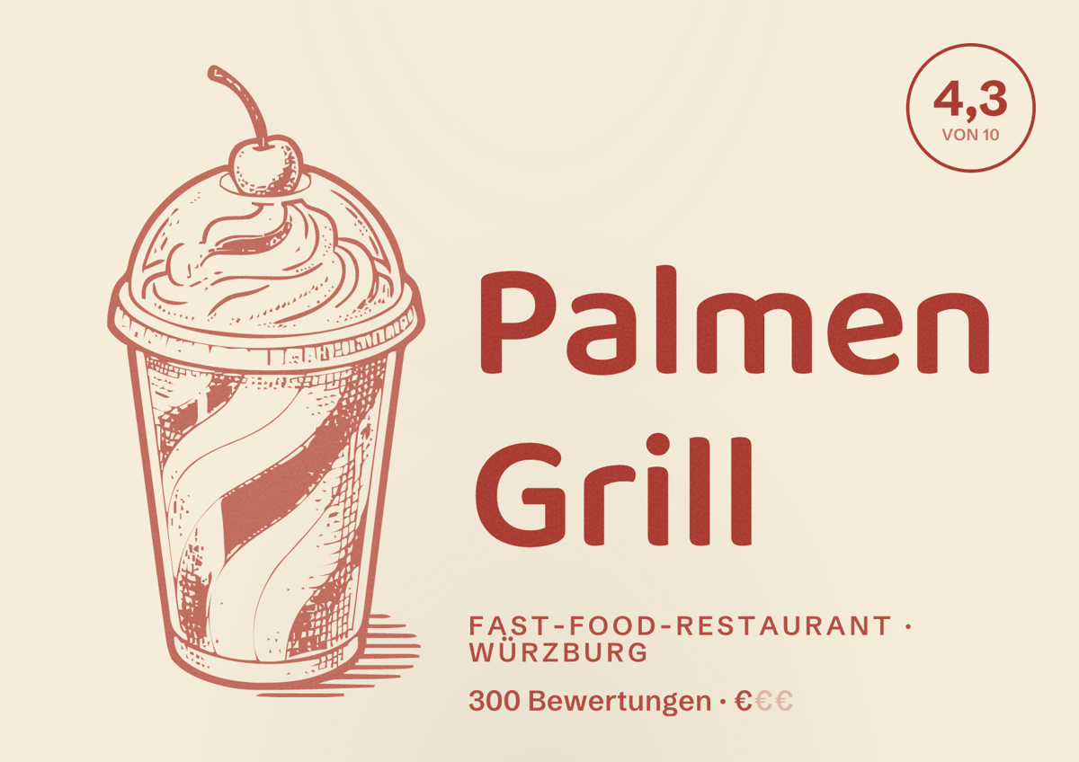 Illustriertes Poster von Palmen Grill, Fast-Food-Restaurant in Würzburg: Bewertung 4,3 von 10 aus 300 Bewertungen, Preisniveau €