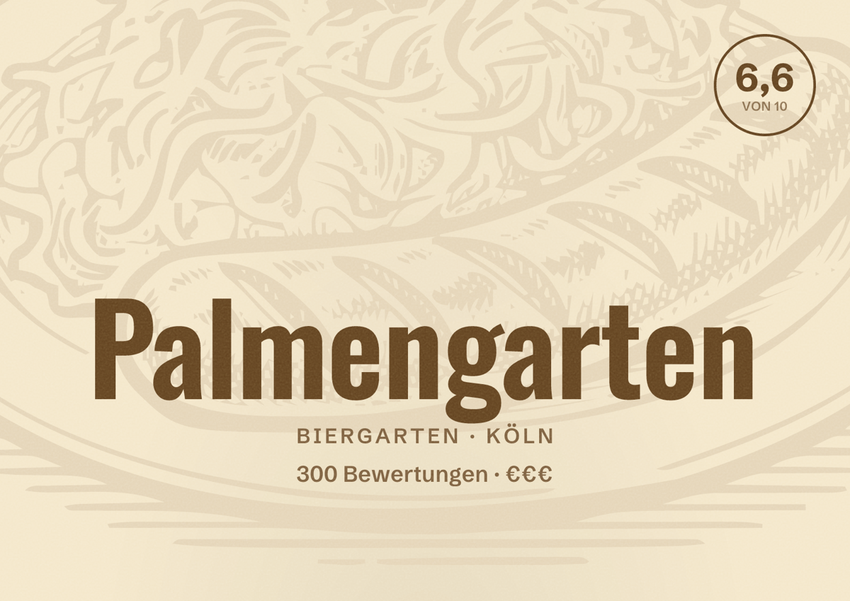 Illustriertes Poster von Palmengarten, Biergarten in Köln: Bewertung 6,6 von 10 aus 300 Bewertungen, Preisniveau €€€