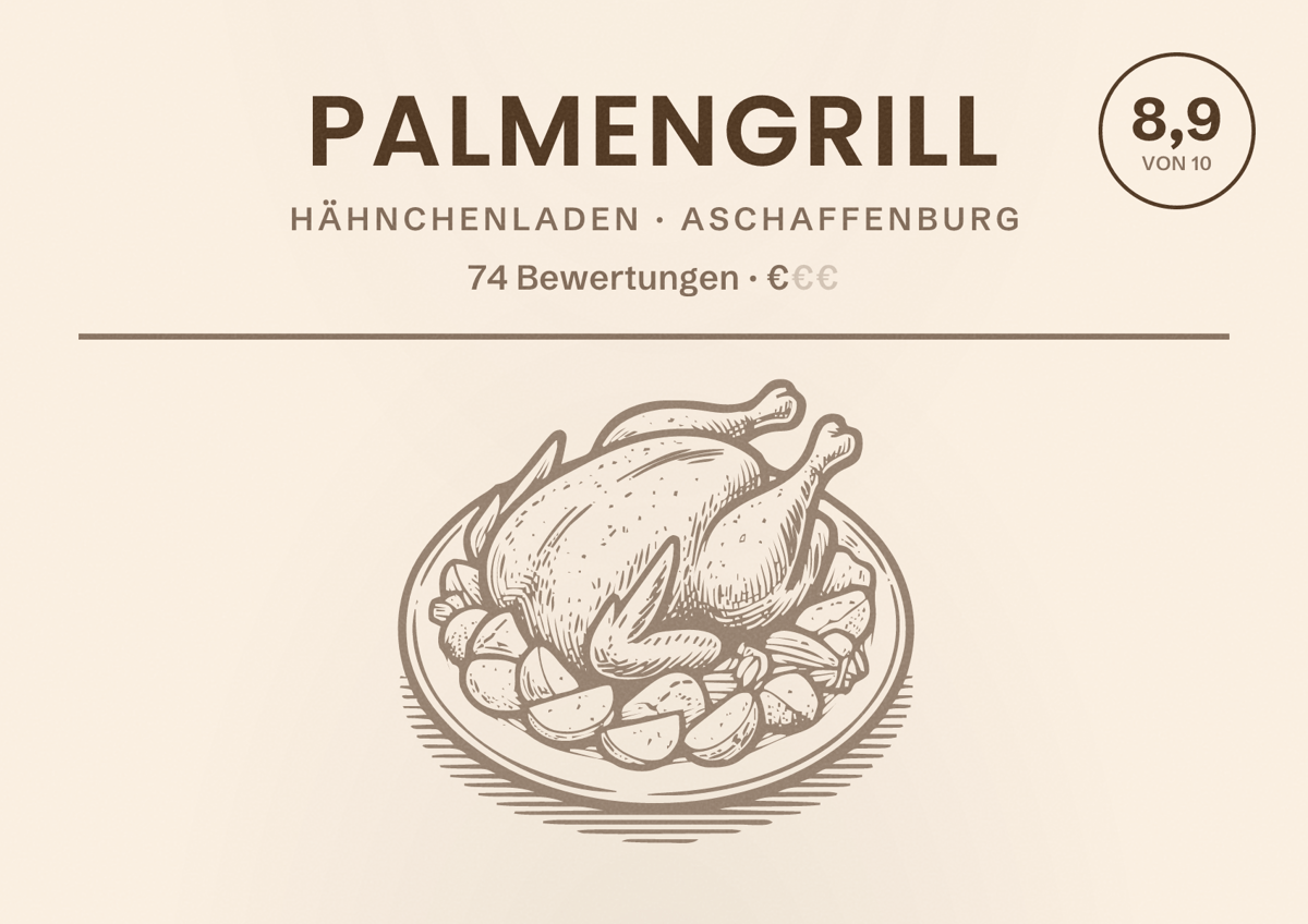 Illustriertes Poster von Palmengrill, Hähnchenladen in Aschaffenburg: Bewertung 8,9 von 10 aus 74 Bewertungen, Preisniveau €
