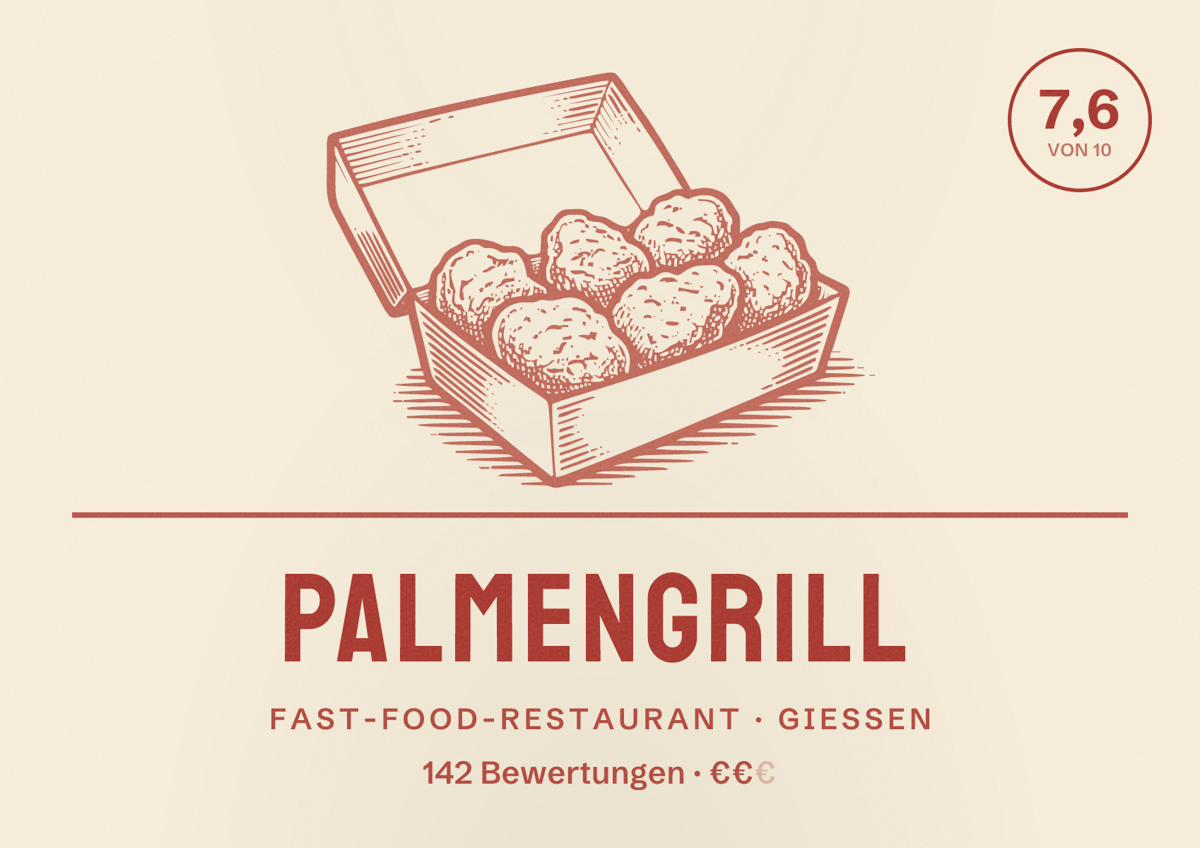 Illustriertes Poster von Palmengrill, Fast-Food-Restaurant in Gießen: Bewertung 7,6 von 10 aus 142 Bewertungen, Preisniveau €€