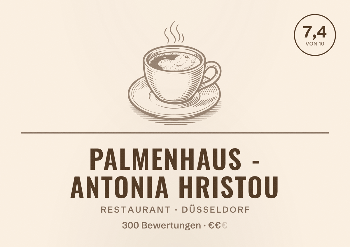 Illustriertes Poster von Palmenhaus - Antonia Hristou, Restaurant in Düsseldorf: Bewertung 7,4 von 10 aus 300 Bewertungen, Preisniveau €€