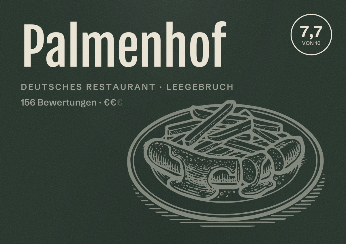 Illustriertes Poster von Palmenhof, Deutsches Restaurant in Leegebruch: Bewertung 7,7 von 10 aus 156 Bewertungen, Preisniveau €€