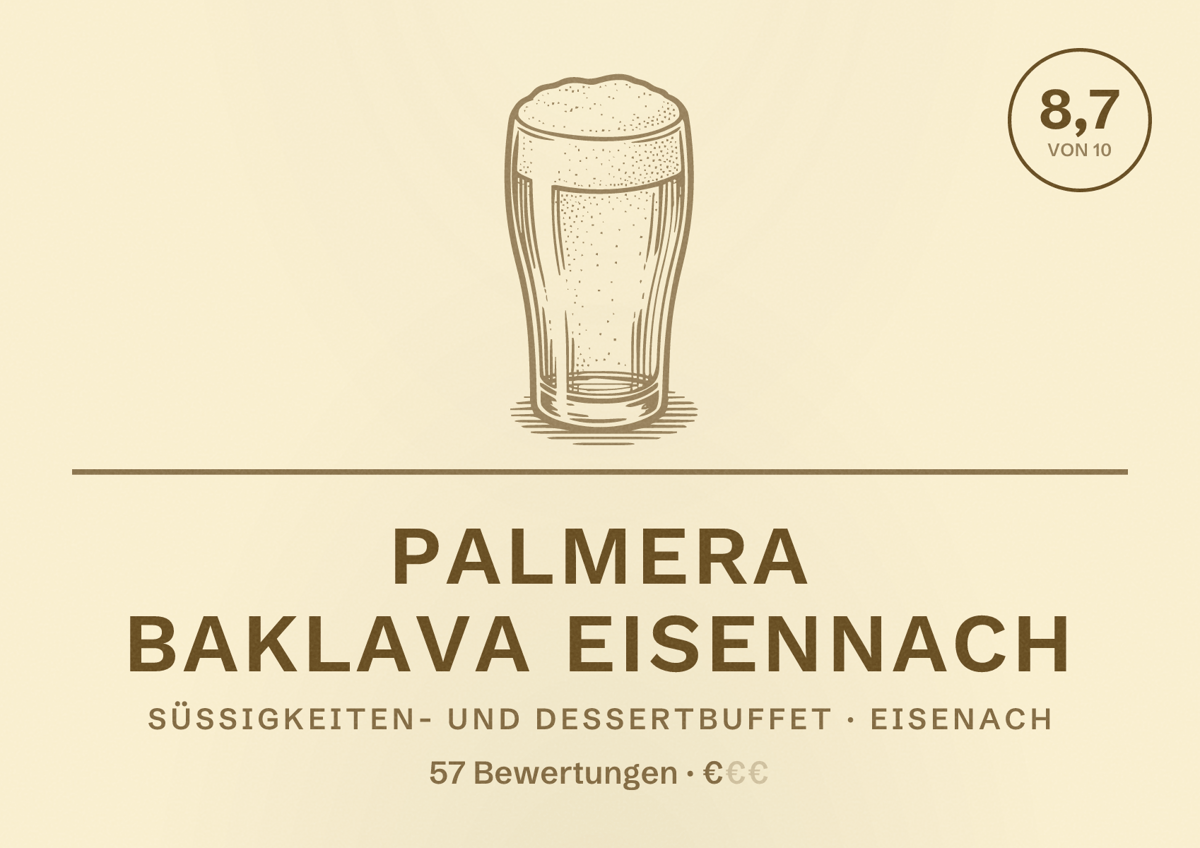 Illustriertes Poster von Palmera Baklava Eisennach, Süßigkeiten- und Dessertbuffet in Eisenach: Bewertung 8,7 von 10 aus 57 Bewertungen, Preisniveau €