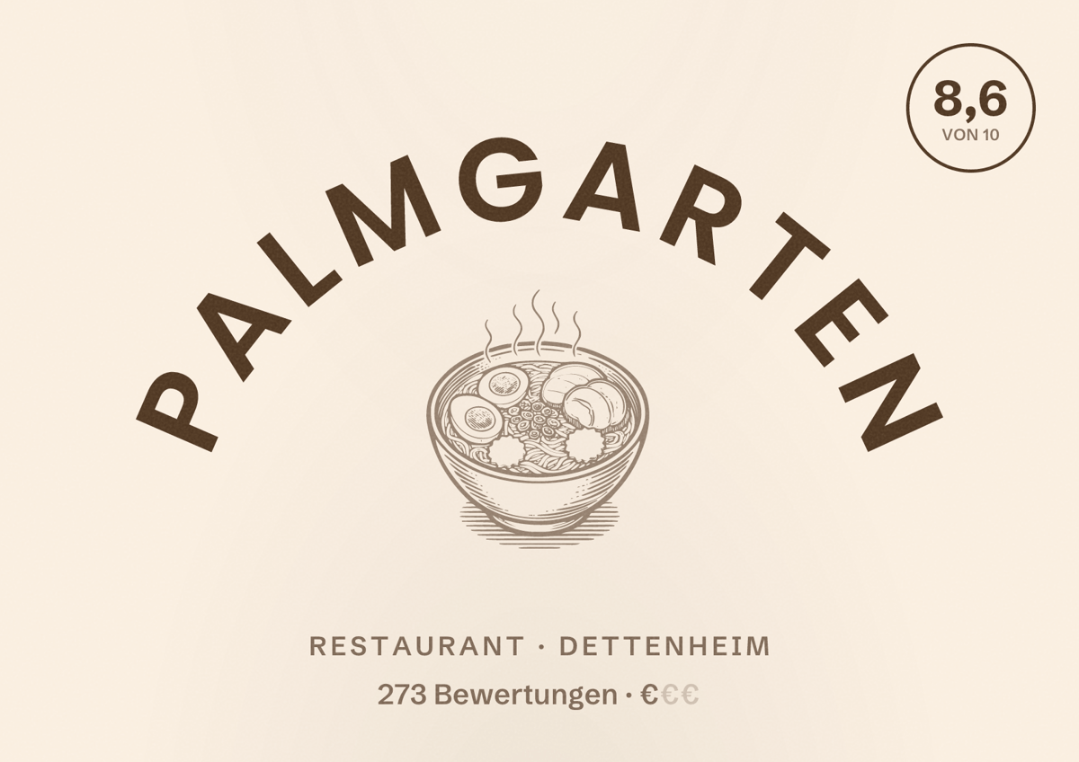 Illustriertes Poster von Palmgarten, Restaurant in Dettenheim: Bewertung 8,6 von 10 aus 273 Bewertungen, Preisniveau €
