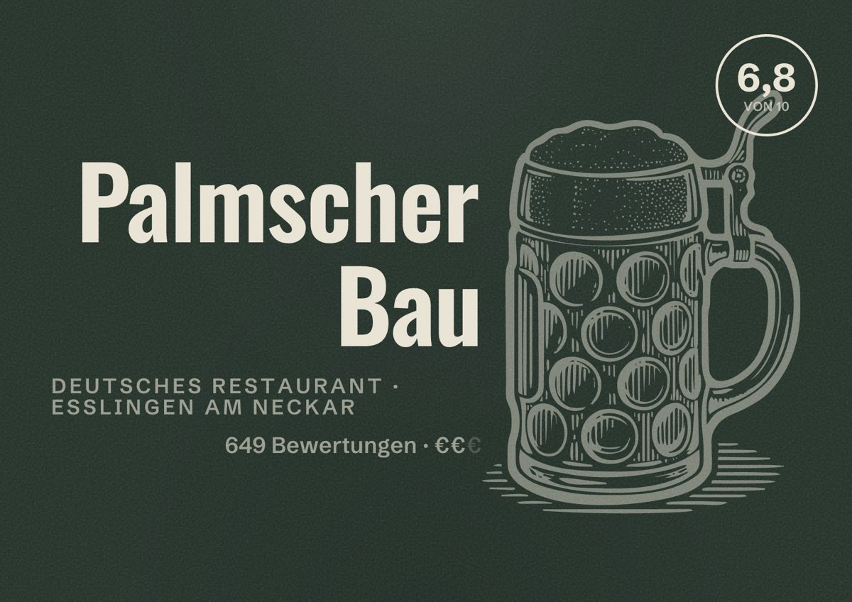 Illustriertes Poster von Palmscher Bau, Deutsches Restaurant in Esslingen am Neckar: Bewertung 6,8 von 10 aus 649 Bewertungen, Preisniveau €€
