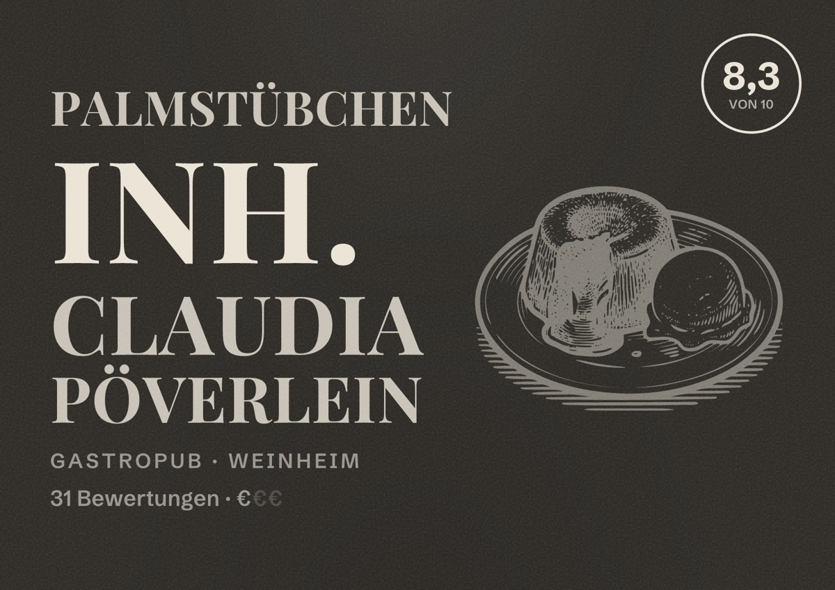 Illustriertes Poster von Palmstübchen Inh. Claudia Pöverlein, Gastropub in Weinheim: Bewertung 8,3 von 10 aus 31 Bewertungen, Preisniveau €
