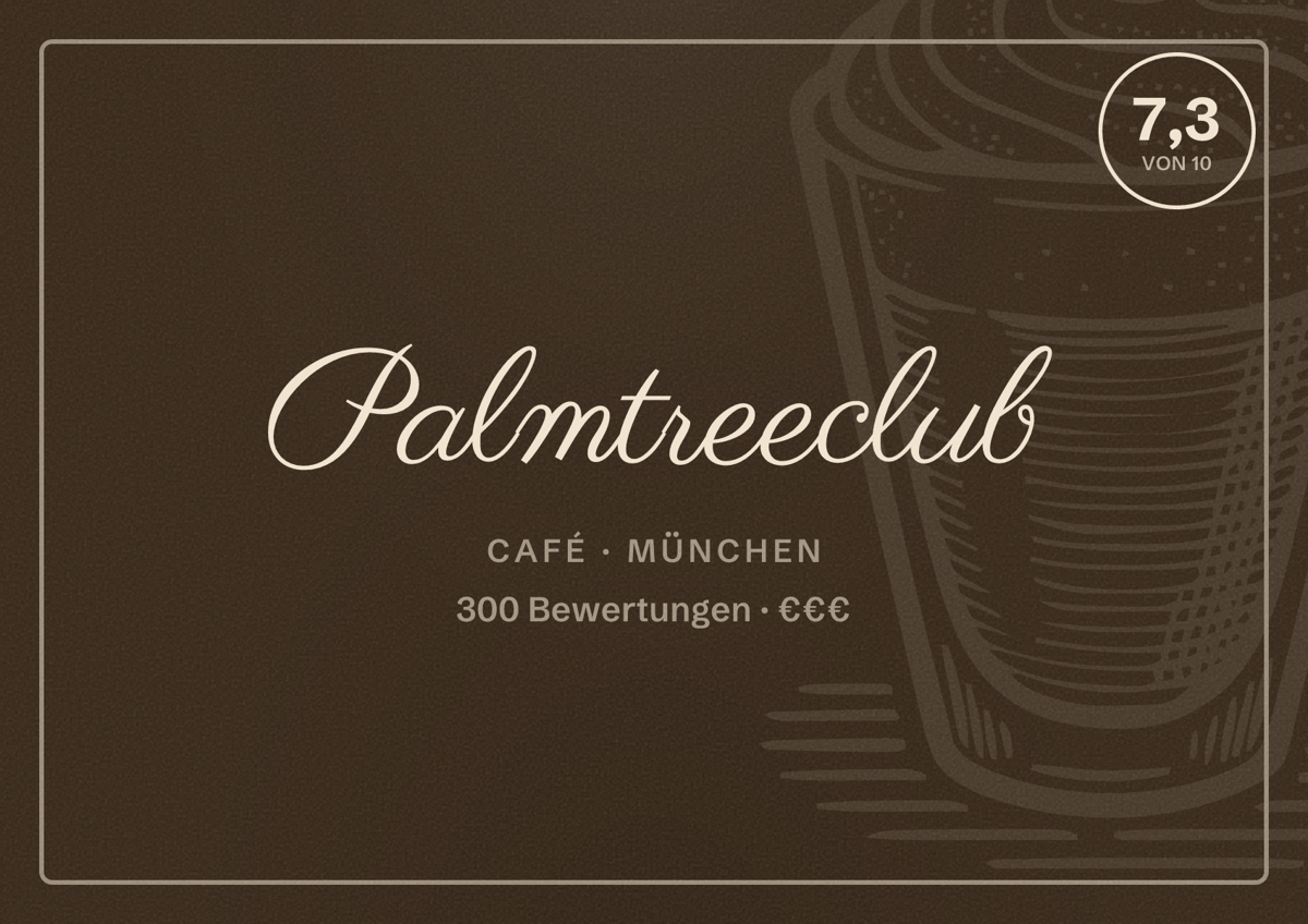 Illustriertes Poster von Palmtreeclub, Café in München: Bewertung 7,3 von 10 aus 300 Bewertungen, Preisniveau €€€