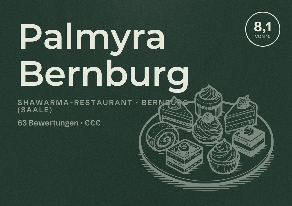 Illustriertes Poster von Palmyra Bernburg, Shawarma-Restaurant in Bernburg (Saale): Bewertung 8,1 von 10 aus 63 Bewertungen, Preisniveau €€€