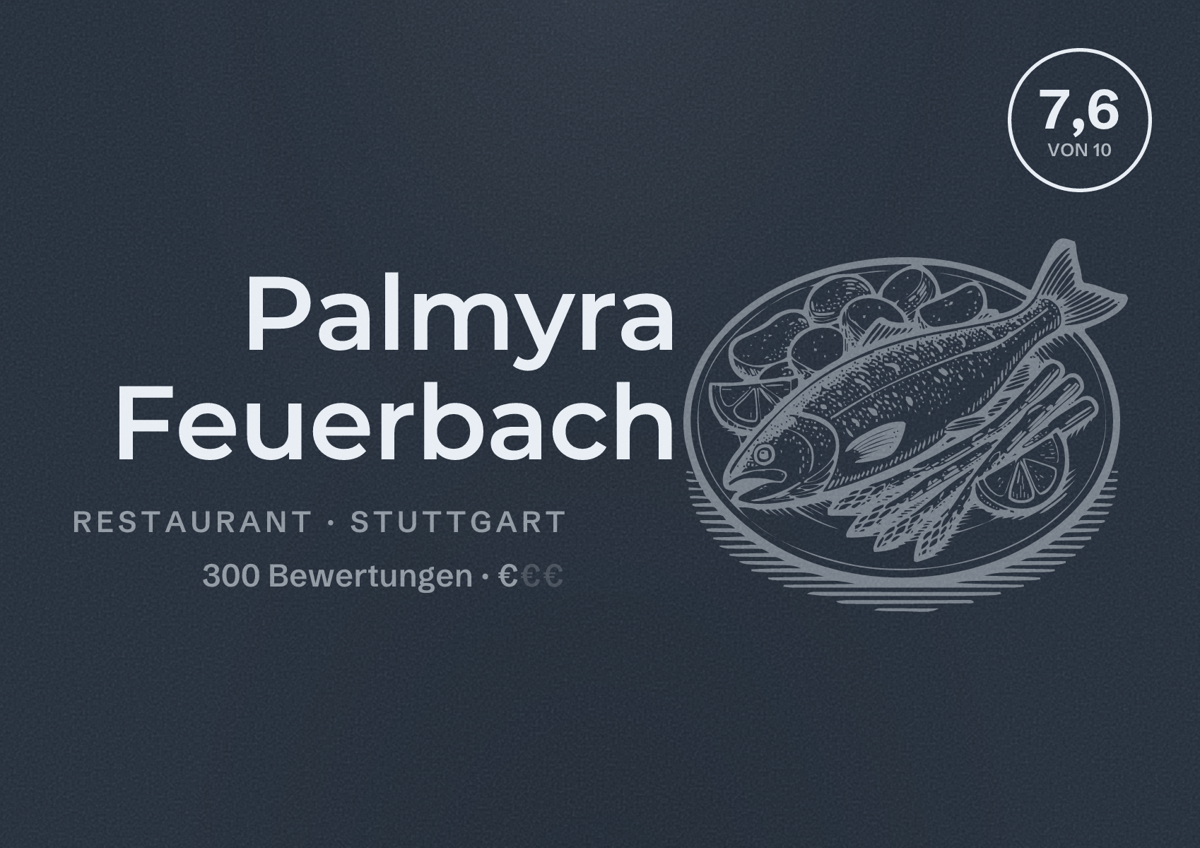 Illustriertes Poster von Palmyra Feuerbach, Restaurant in Stuttgart: Bewertung 7,6 von 10 aus 300 Bewertungen, Preisniveau €