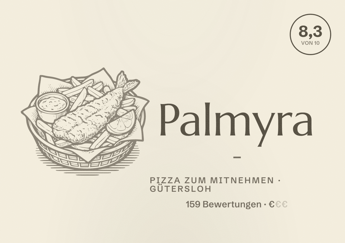 Illustriertes Poster von Palmyra -, Pizza zum Mitnehmen in Gütersloh: Bewertung 8,3 von 10 aus 159 Bewertungen, Preisniveau €