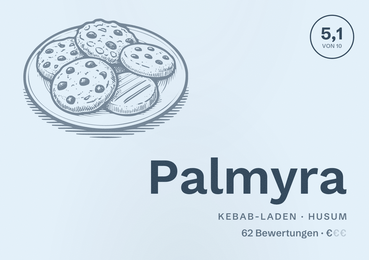 Illustriertes Poster von Palmyra, Kebab-Laden in Husum: Bewertung 5,1 von 10 aus 62 Bewertungen, Preisniveau €