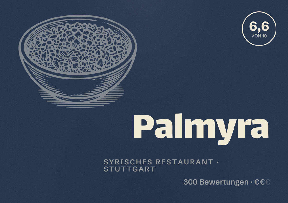 Illustriertes Poster von Palmyra, Syrisches Restaurant in Stuttgart: Bewertung 6,6 von 10 aus 300 Bewertungen, Preisniveau €€
