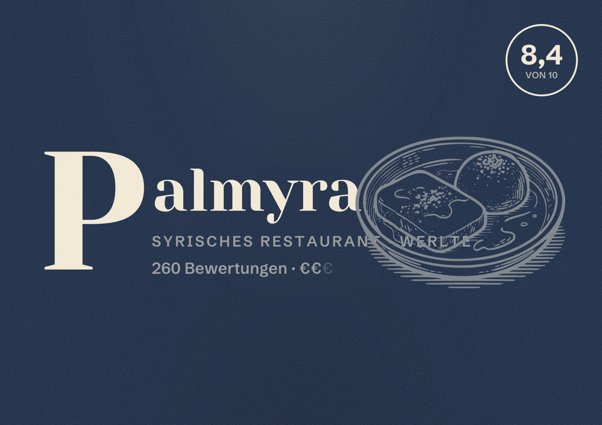 Illustriertes Poster von Palmyra, Syrisches Restaurant in Werlte: Bewertung 8,4 von 10 aus 260 Bewertungen, Preisniveau €€
