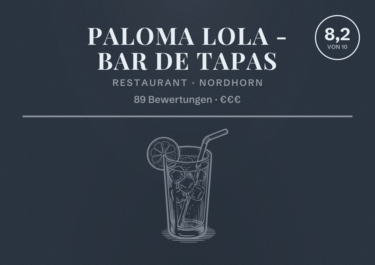 Illustriertes Poster von PALOMA LOLA - bar de tapas, Restaurant in Nordhorn: Bewertung 8,2 von 10 aus 89 Bewertungen, Preisniveau €€€