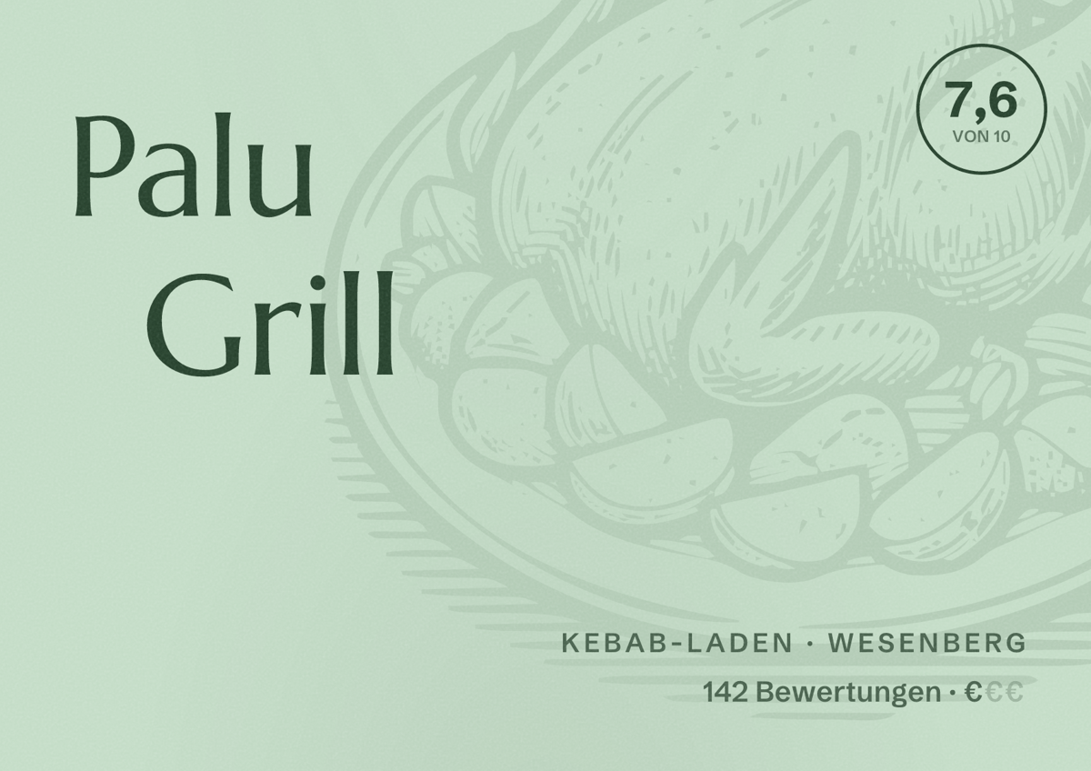Illustriertes Poster von Palu Grill, Kebab-Laden in Wesenberg: Bewertung 7,6 von 10 aus 142 Bewertungen, Preisniveau €