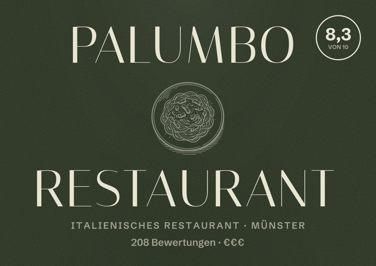 Illustriertes Poster von PALUMBO Restaurant, Italienisches Restaurant in Münster: Bewertung 8,3 von 10 aus 208 Bewertungen, Preisniveau €€€