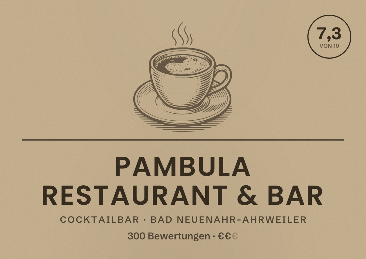 Illustriertes Poster von Pambula Restaurant & Bar, Cocktailbar in Bad Neuenahr-Ahrweiler: Bewertung 7,3 von 10 aus 300 Bewertungen, Preisniveau €€