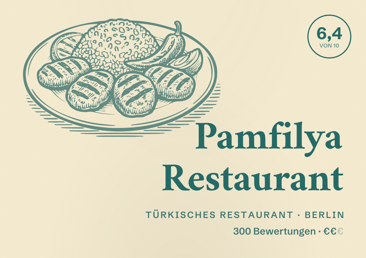 Illustriertes Poster von Pamfilya Restaurant, Türkisches Restaurant in Berlin: Bewertung 6,4 von 10 aus 300 Bewertungen, Preisniveau €€
