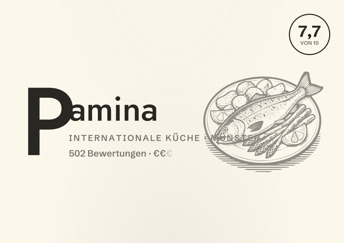 Illustriertes Poster von Pamina, Internationale Küche in Münster: Bewertung 7,7 von 10 aus 502 Bewertungen, Preisniveau €€